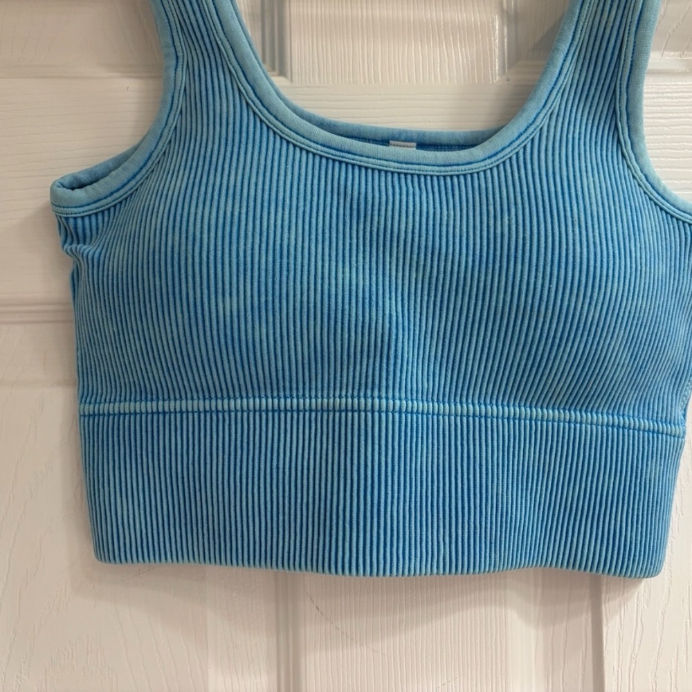 New Zenana Women's Acid Wash Ribbed Blue Bra Bralette Cropped Removal Padded - Picture 3 of 4